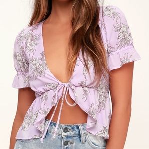 Lulu's Unlimited Charm Lavender‎ Floral Tie Front Cropped Top